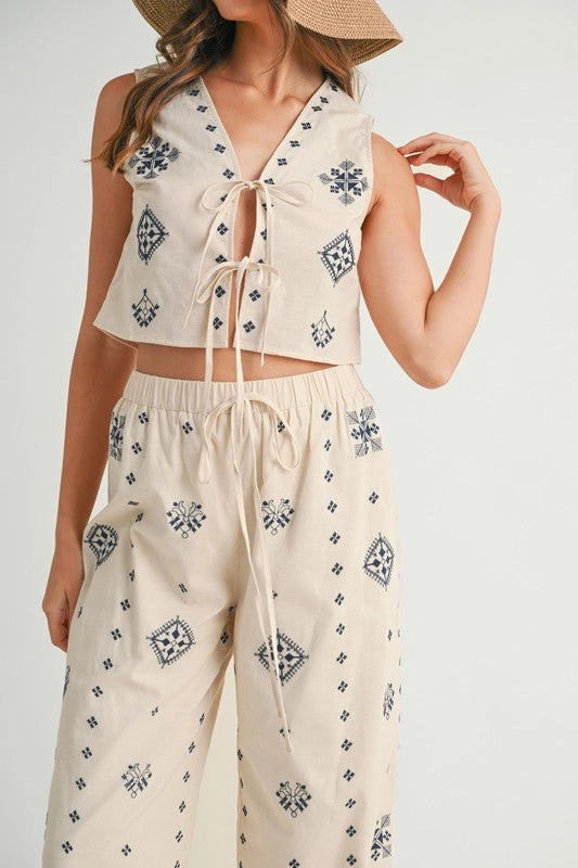 Harborside Linen Embroidered Vest Tie Top