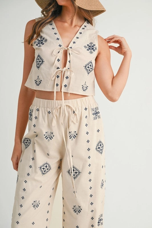 Harborside Linen Embroidered Vest Tie Top