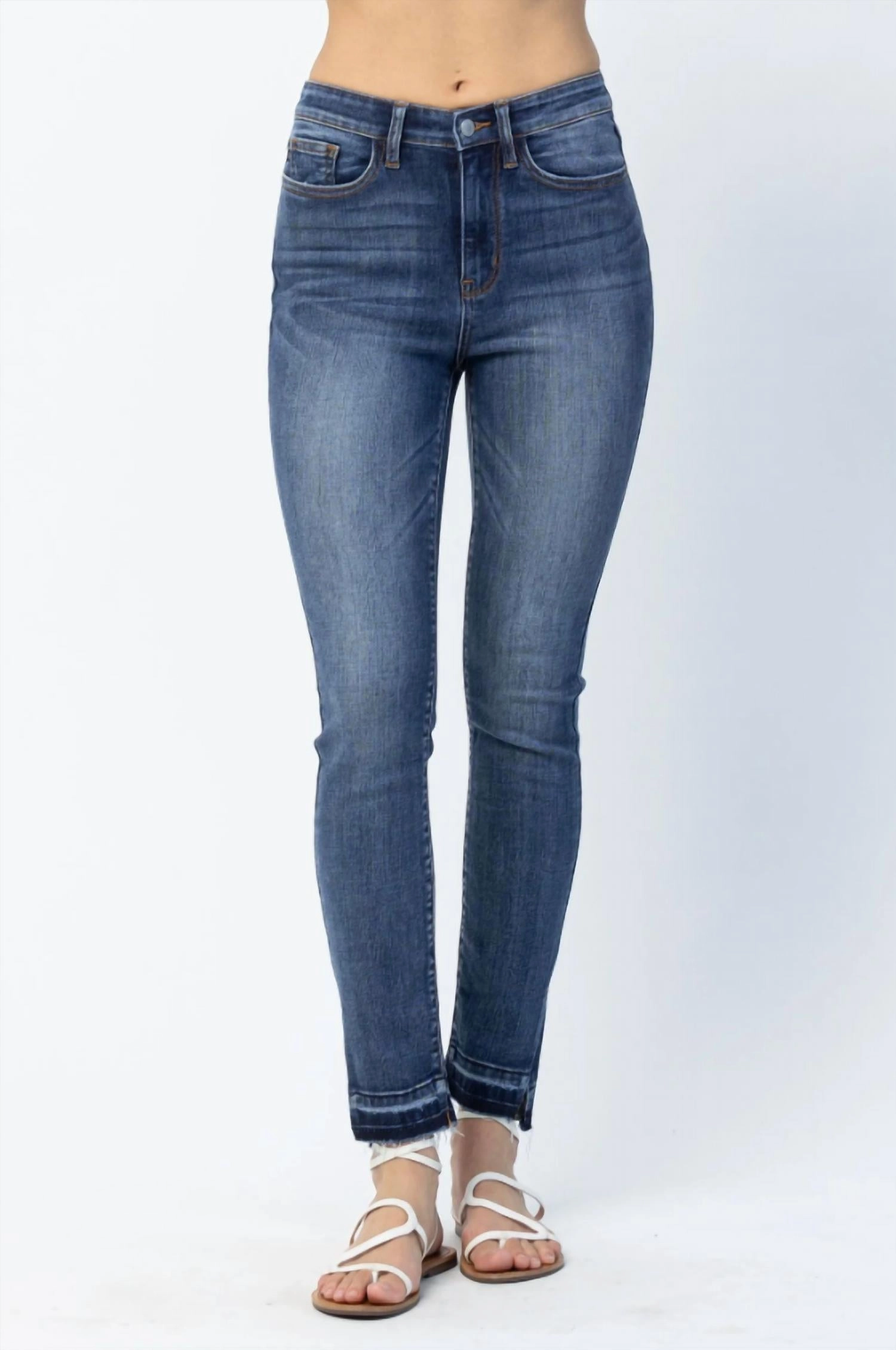 Hi Waist Fray Slit Straight Leg Jeans In Vintage Wash