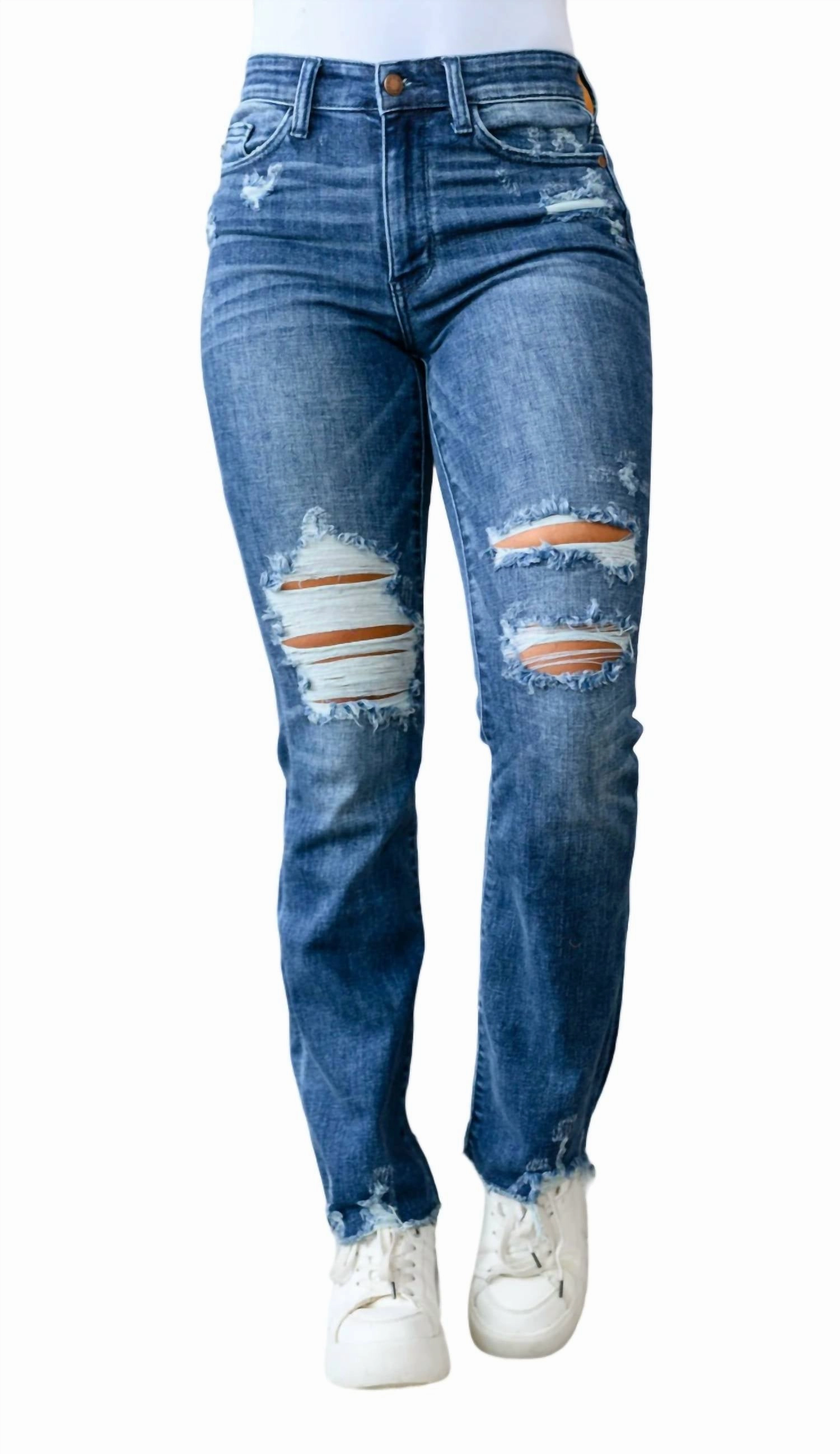 High Contrast Slim Bootcut Destroyed Jeans In Dark Wash