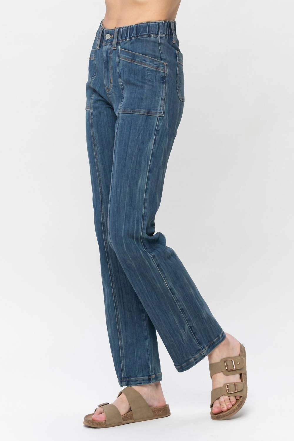 High Elastic Waist Vintage Straight Leg Jeans In Medium Vintage Wash
