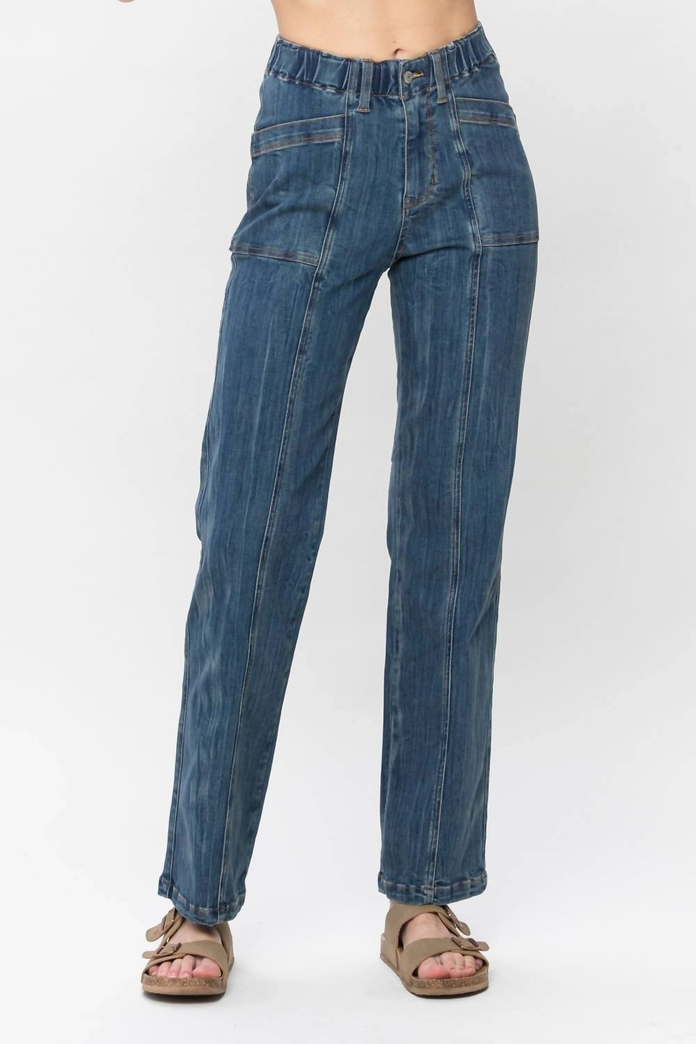 High Elastic Waist Vintage Straight Leg Jeans In Medium Vintage Wash