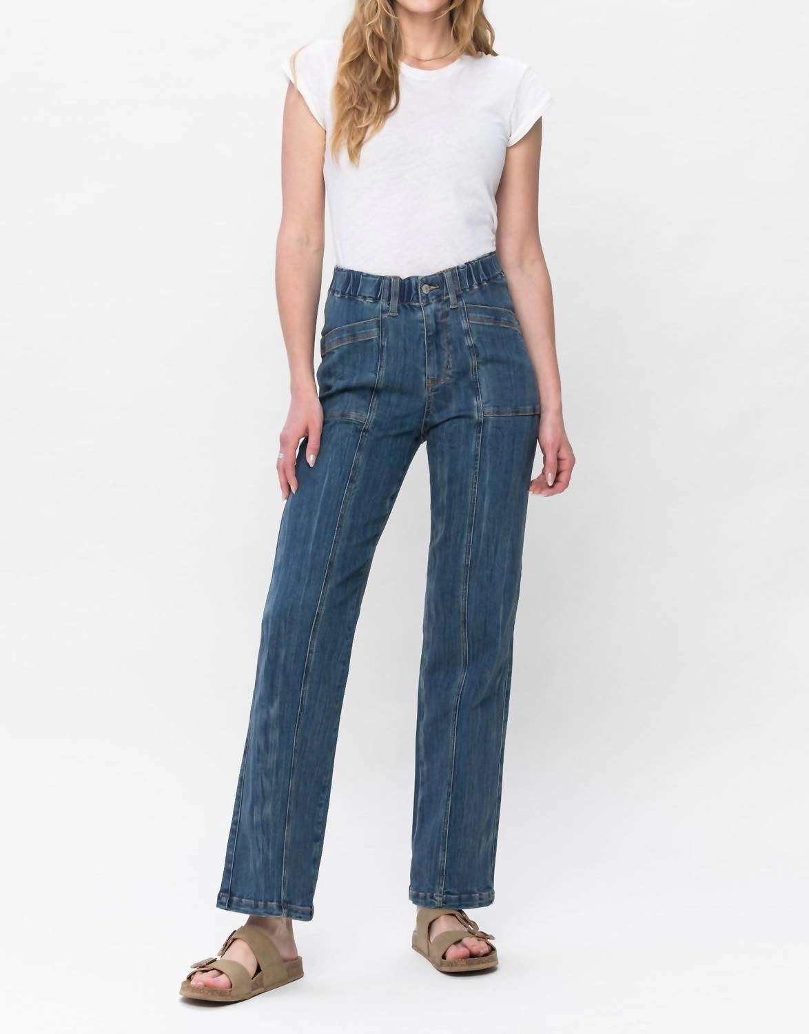 High Elastic Waist Vintage Straight Leg Jeans In Medium Vintage Wash