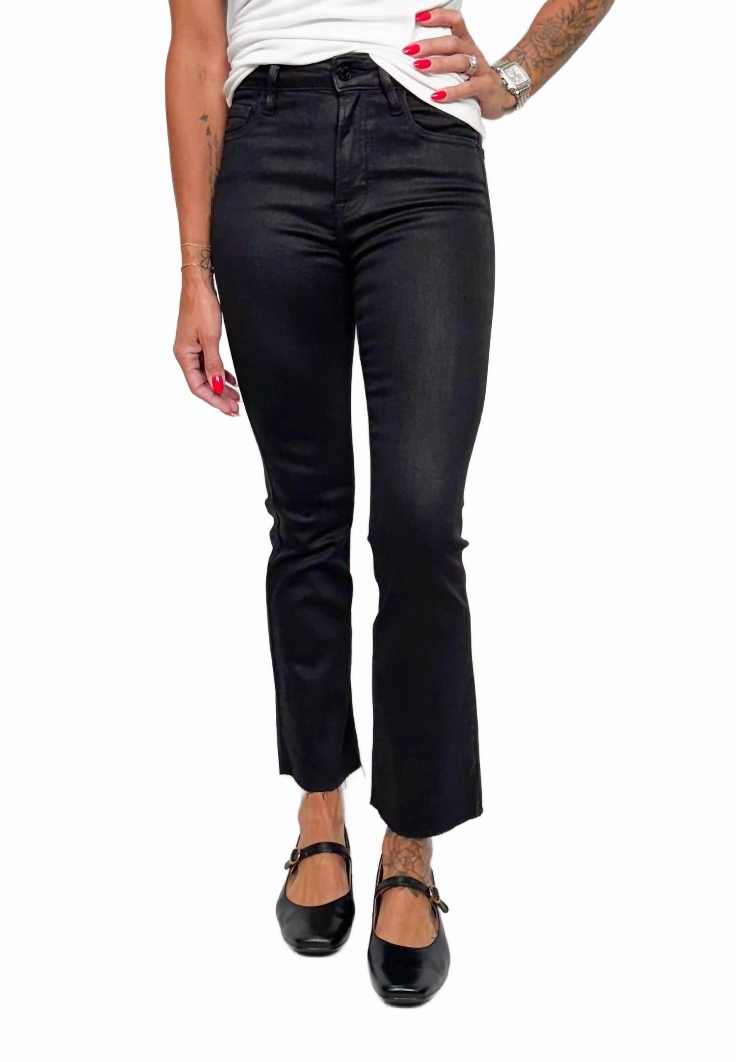 High Rise Coated Cropped Flare Pants In Black
