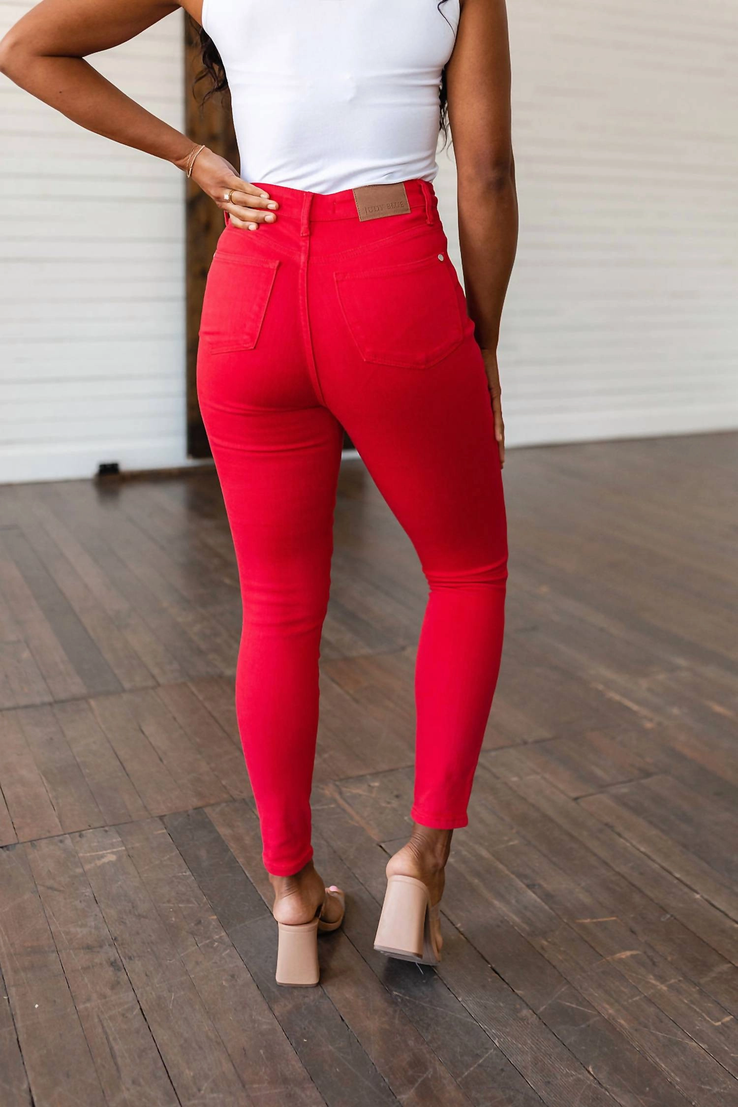 High Rise Control Top Garment Dyed Skinny Jeans In Red
