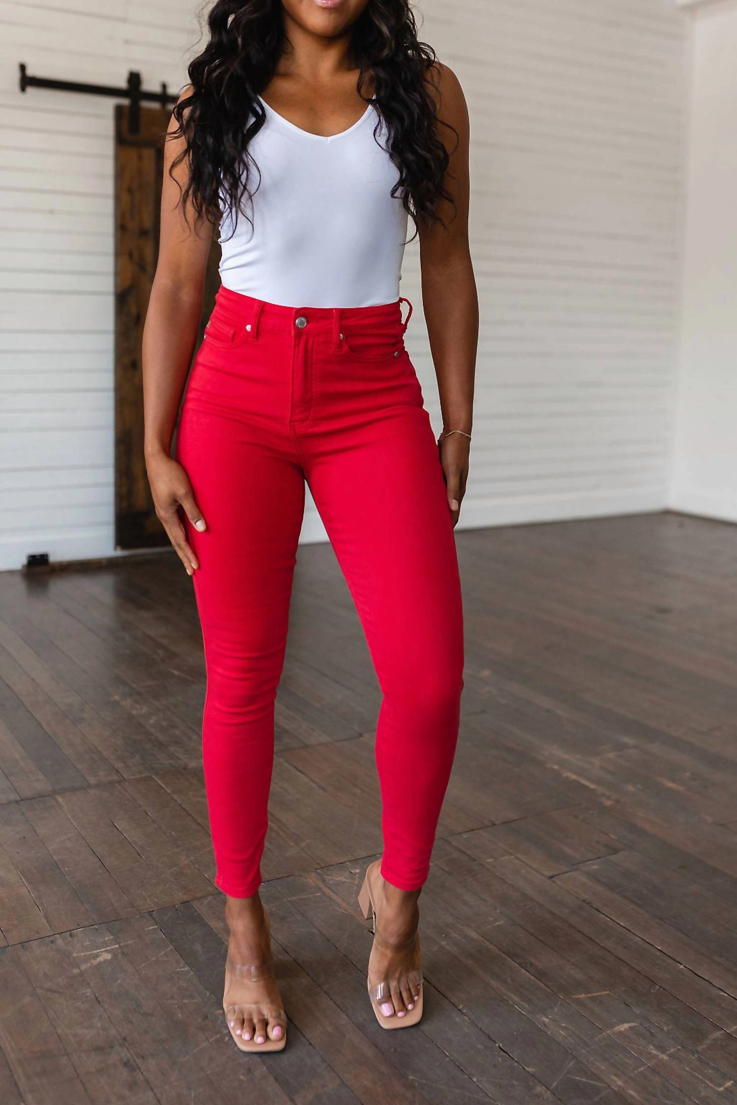 High Rise Control Top Garment Dyed Skinny Jeans In Red