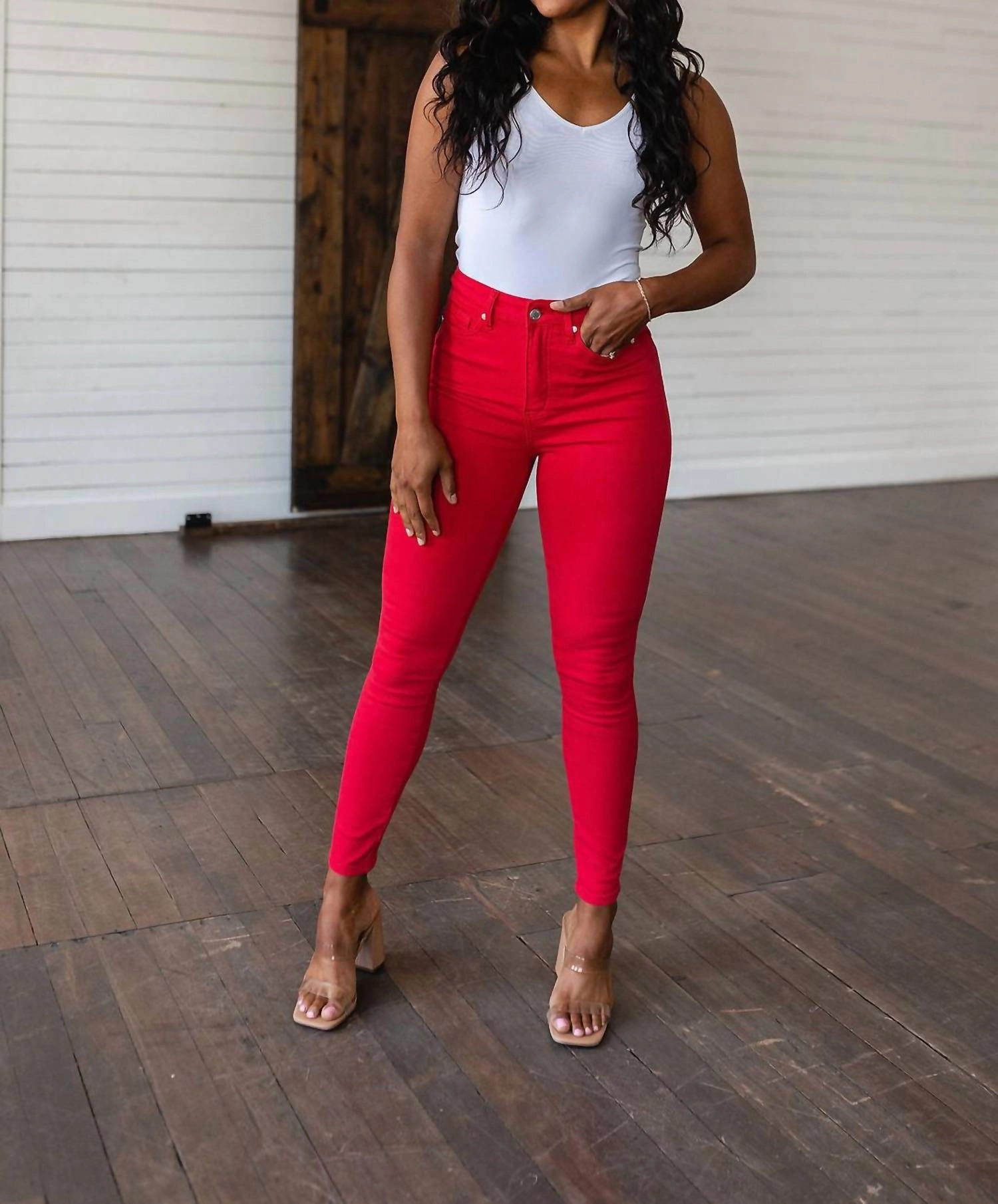 High Rise Control Top Garment Dyed Skinny Jeans In Red