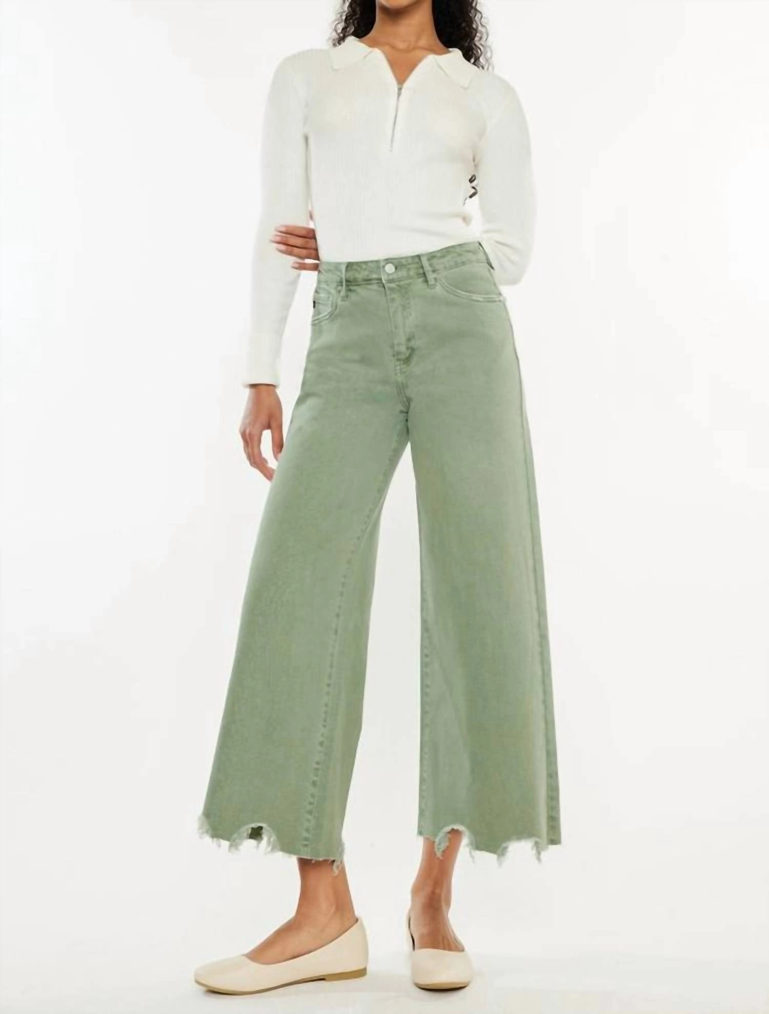 High Rise Cropped Wide Leg Jean In Olive