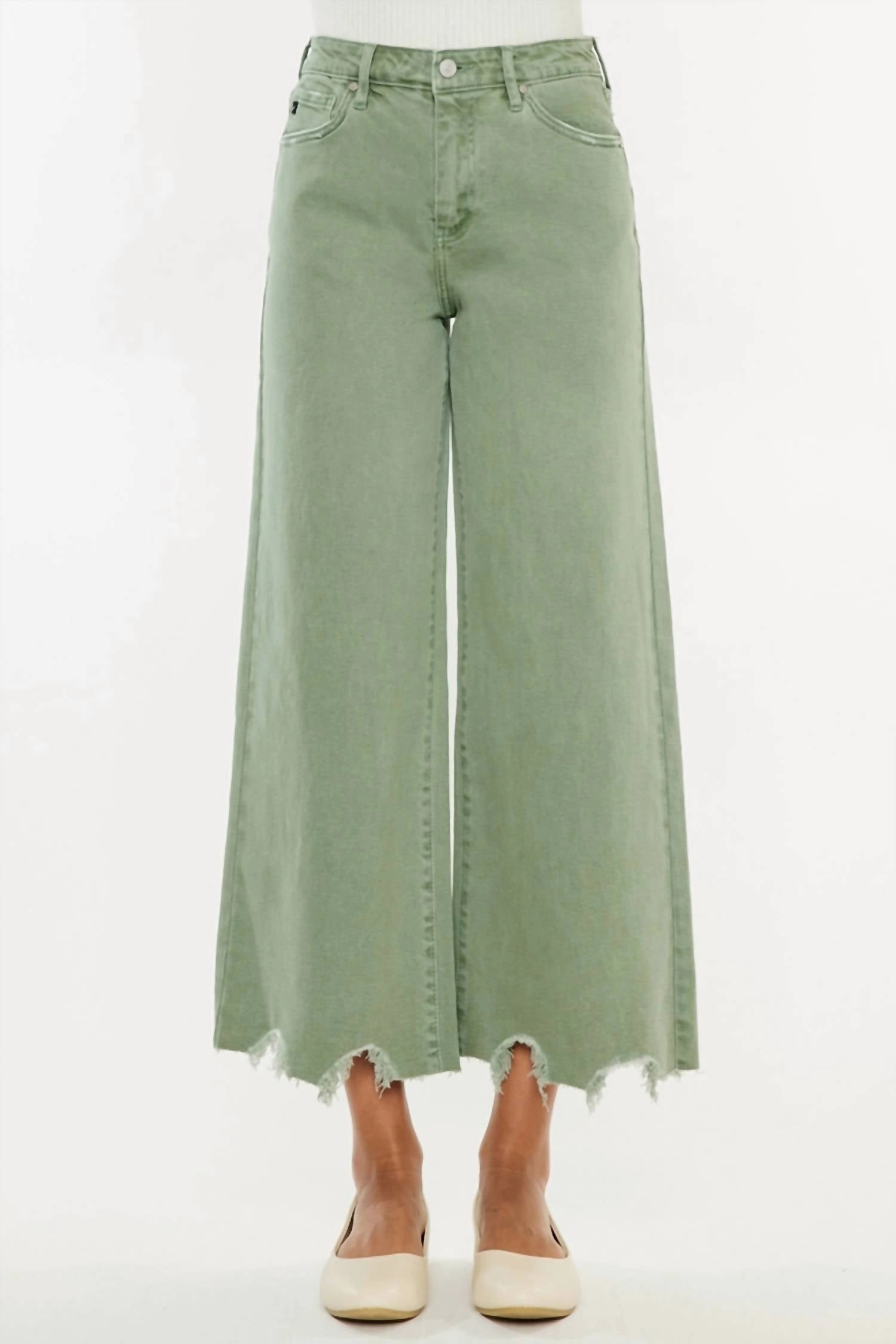 High Rise Cropped Wide Leg Jean In Olive