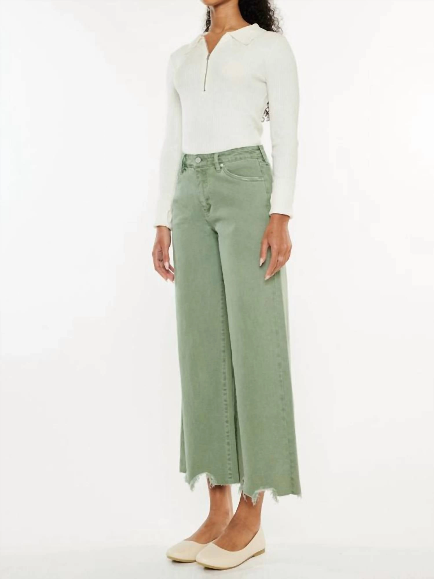 High Rise Cropped Wide Leg Jean In Olive