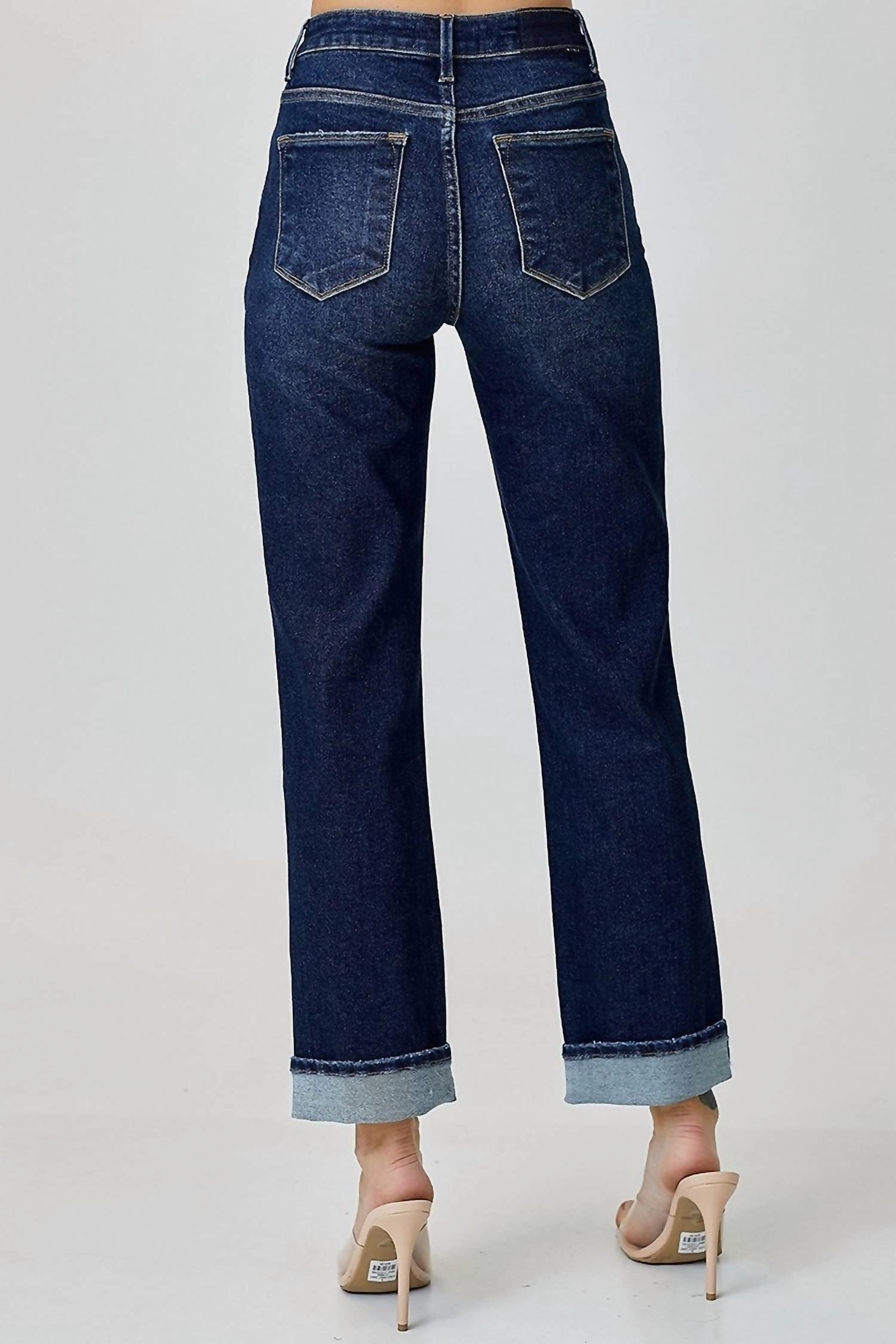 High Rise Crossover Straight Leg Jeans In Dark Blue