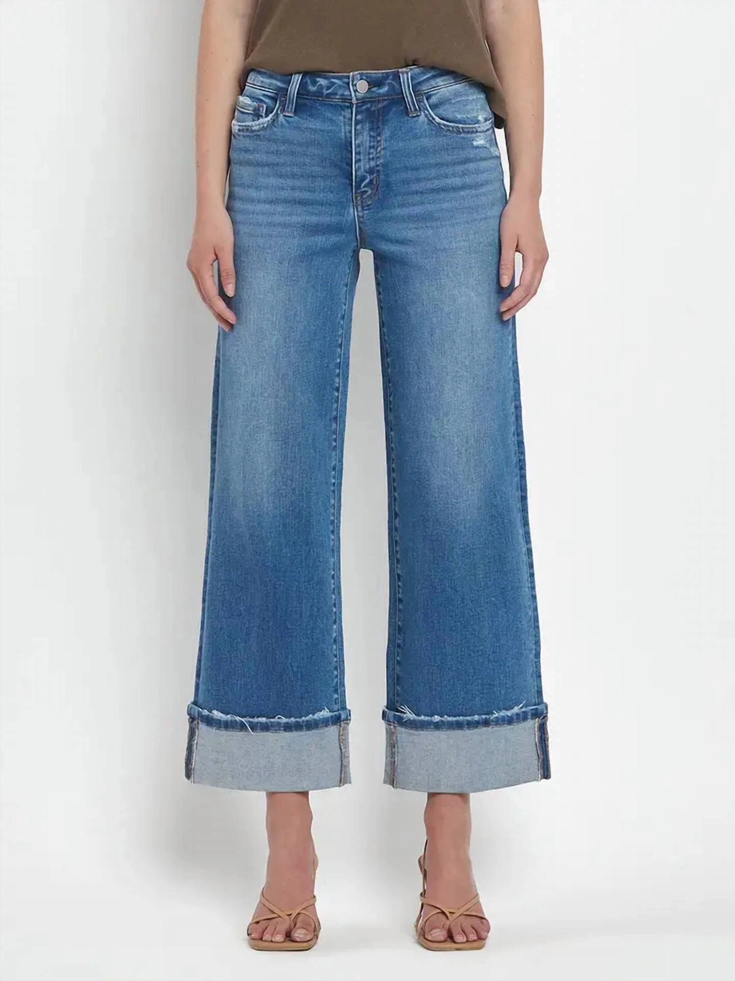 High Rise Cuff Wide Jeans In Denim