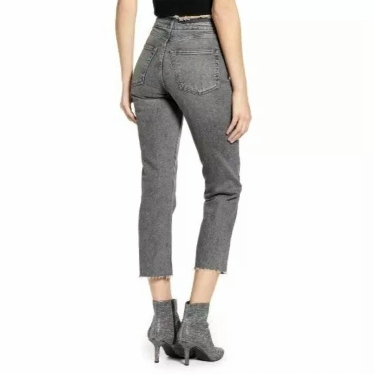 High Rise Raw Hem Cropped Straight Leg Jeans In Grey