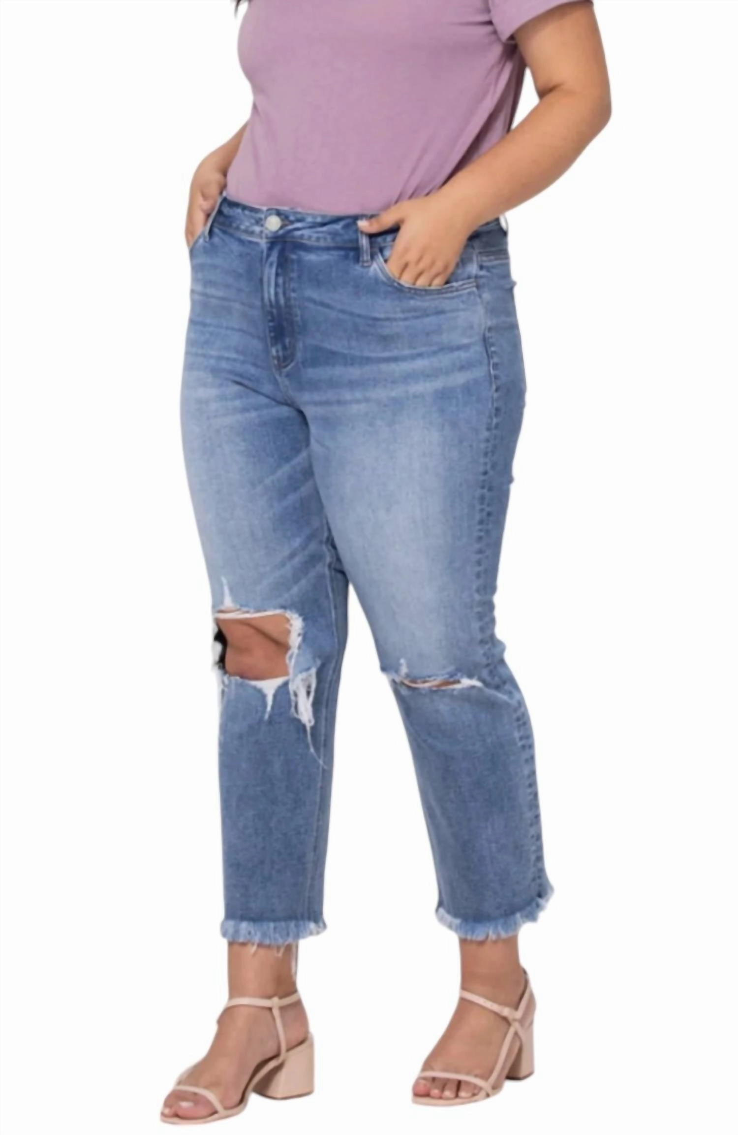 High Rise Relaxed Distressed Crop Jeans - Plus In Blue