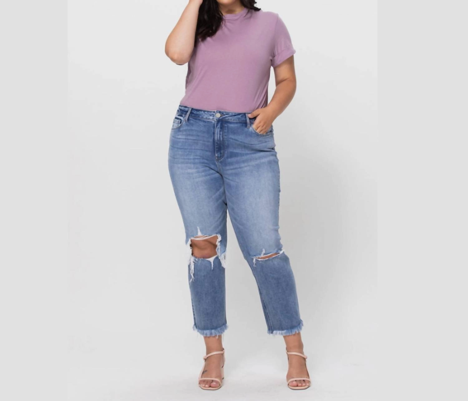 High Rise Relaxed Distressed Crop Jeans - Plus In Blue