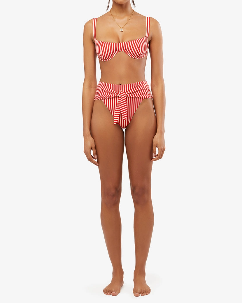 High Rise Tie-Front Stripes Bikini Bottom