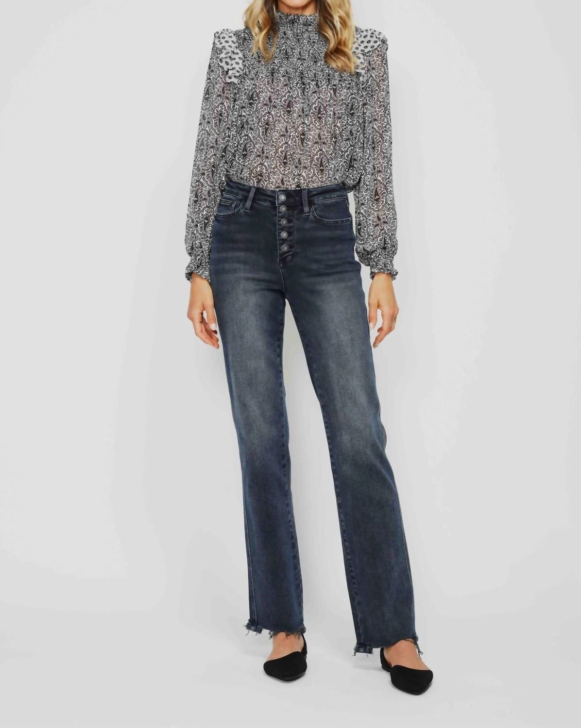 High Waist Button Fly Straight Denim Jeans In Blue