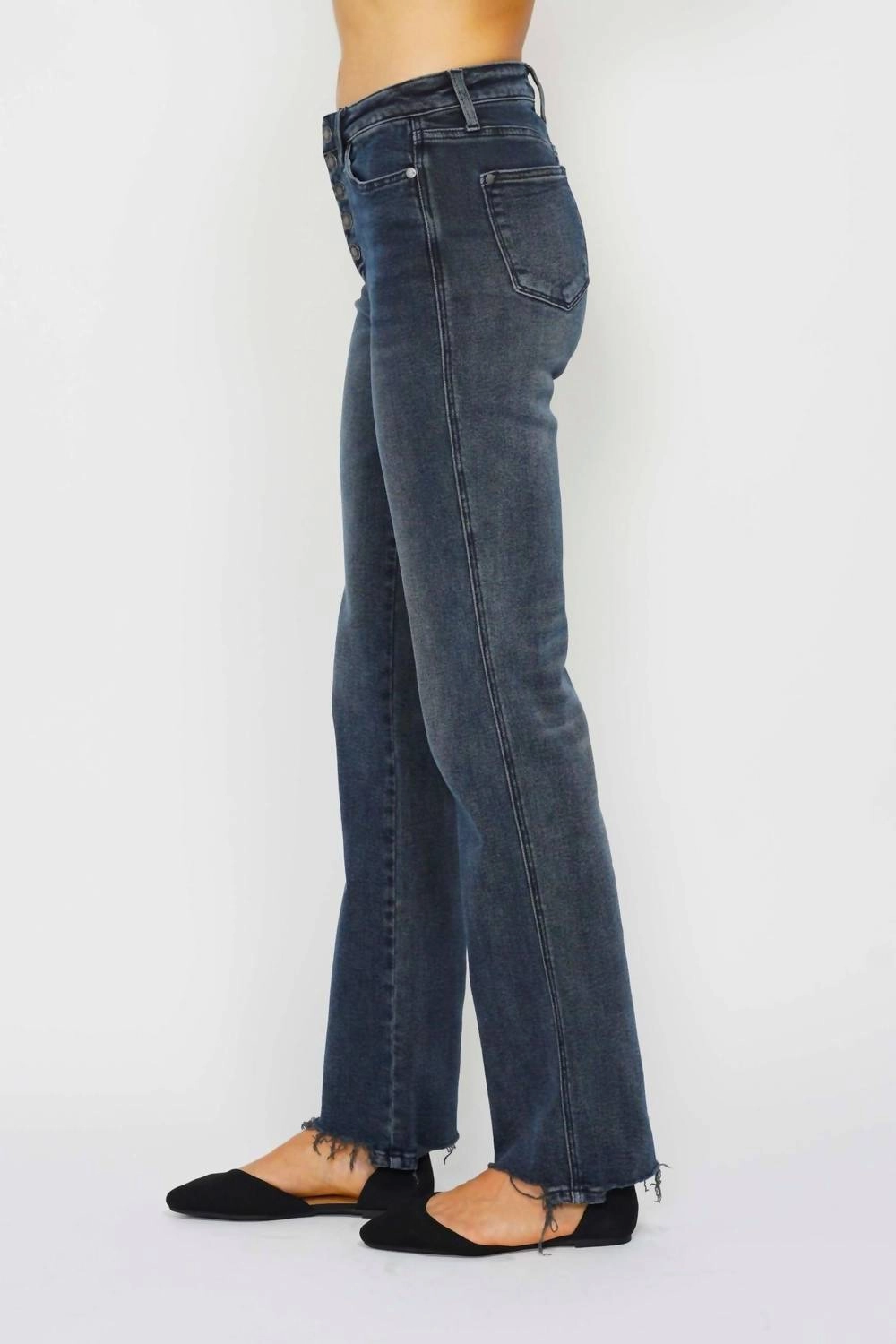 High Waist Button Fly Straight Denim Jeans In Blue