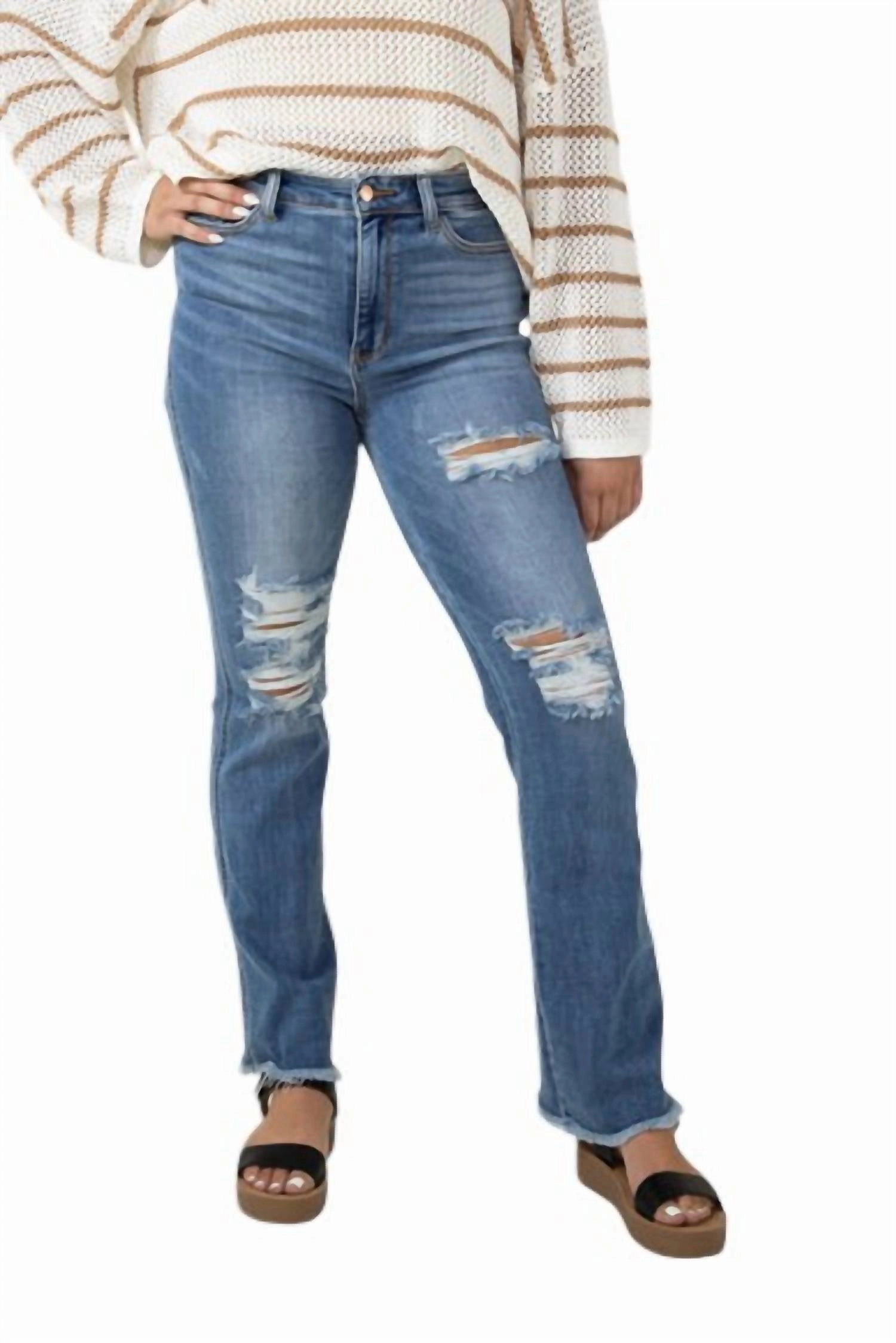 High Waist Distressed Fray Hem Bootcut Jeans In Med Blue