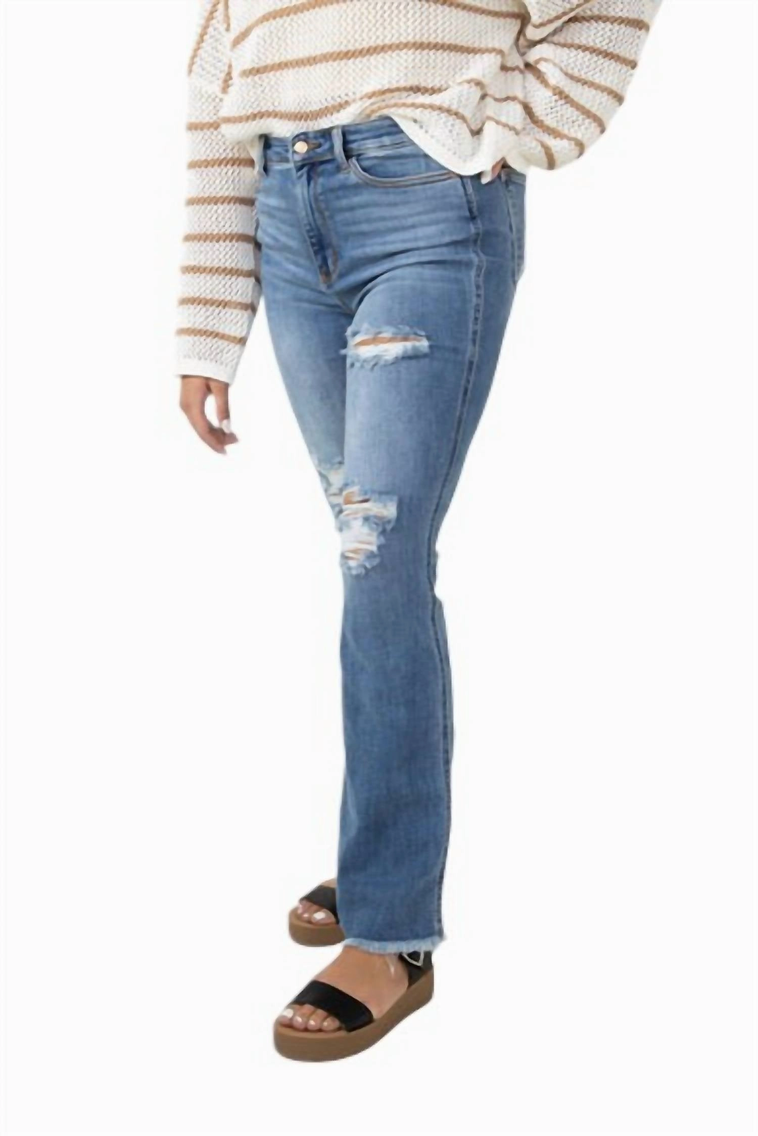 High Waist Distressed Fray Hem Bootcut Jeans In Med Blue