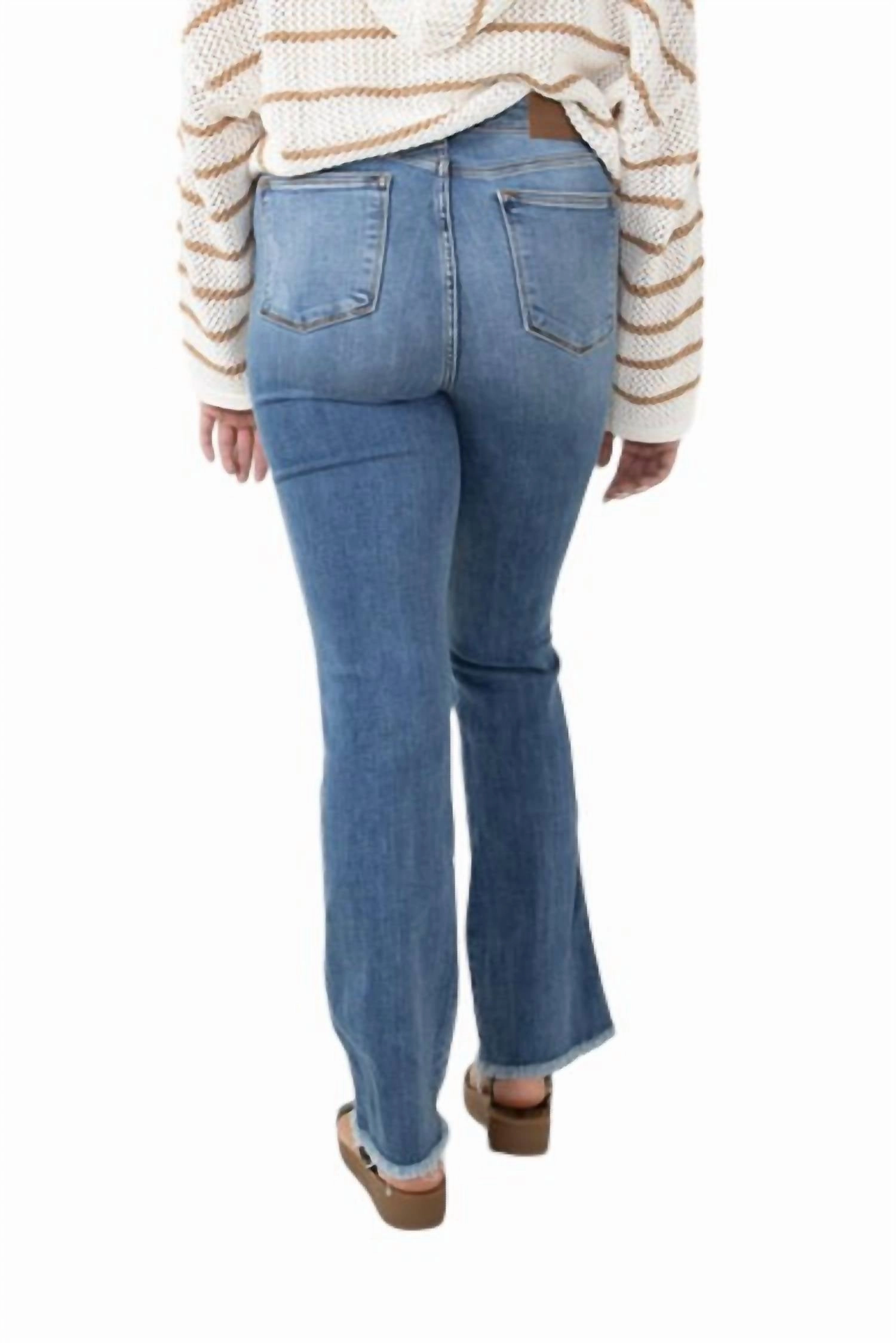 High Waist Distressed Fray Hem Bootcut Jeans In Med Blue