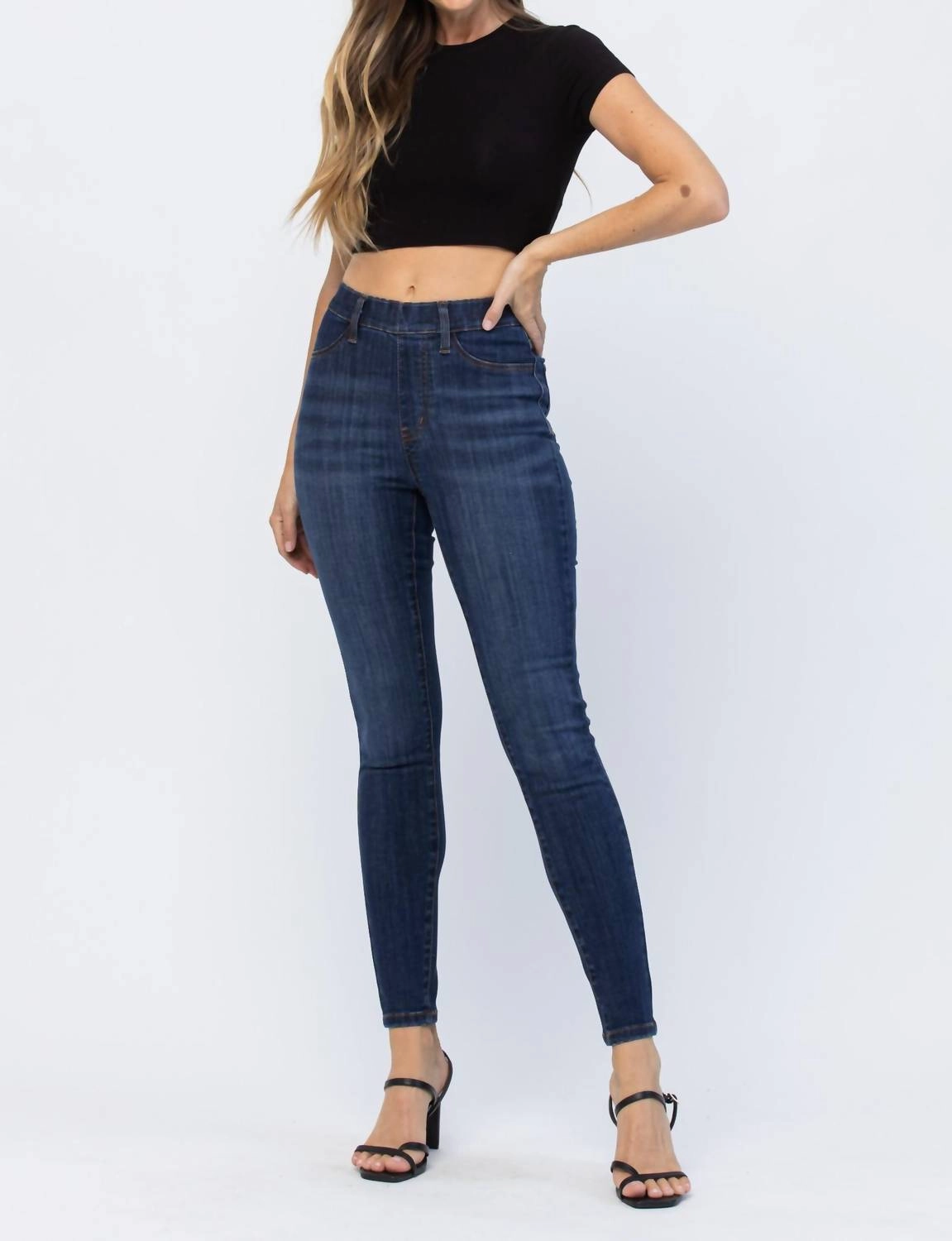 High Waist Patch Pocket Pull-On Skinny Jeans In Blue