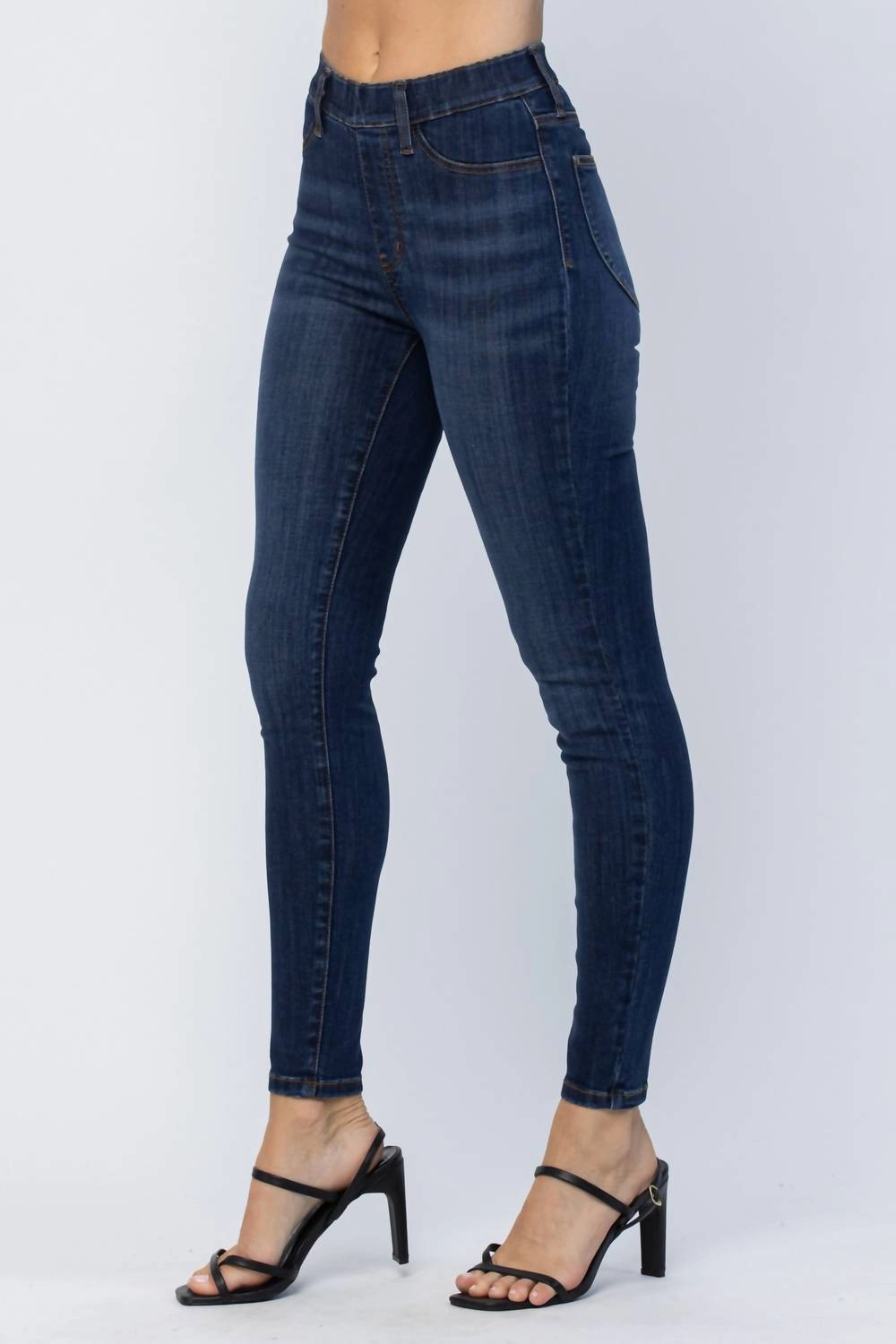 High Waist Patch Pocket Pull-On Skinny Jeans In Blue