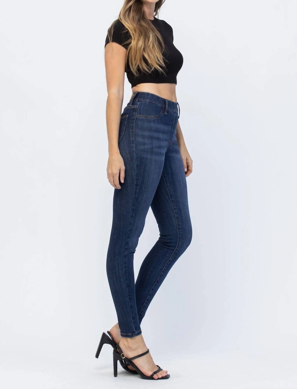 High Waist Patch Pocket Pull-On Skinny Jeans In Blue