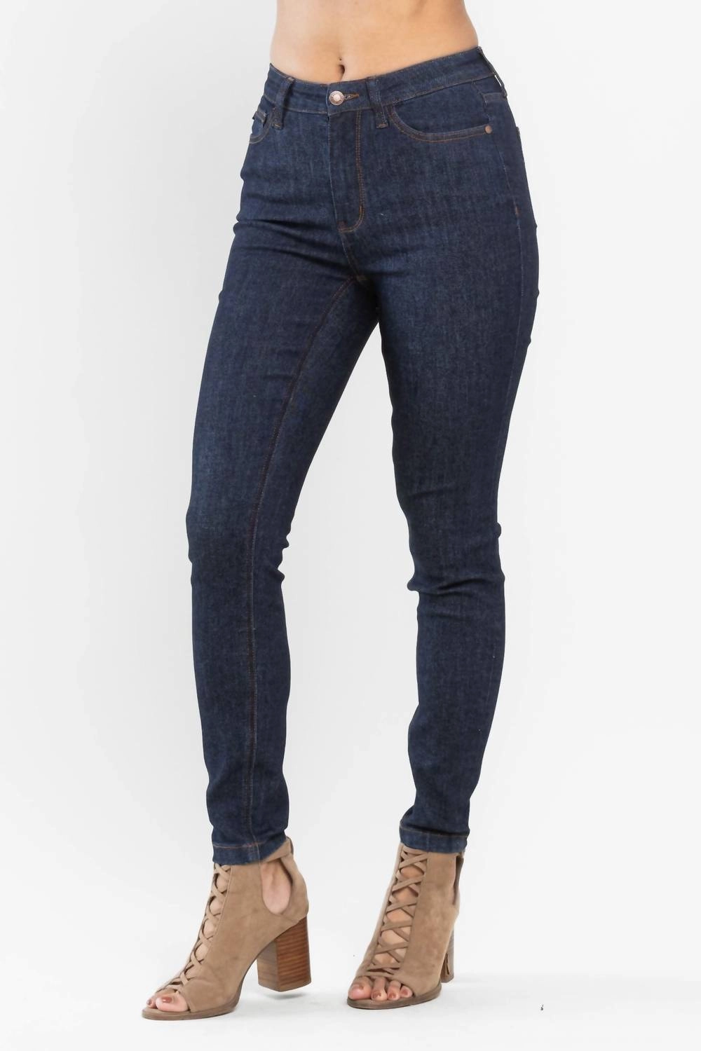 High Waist Pocket Embroidery Skinny Denim Jeans In Classic Back