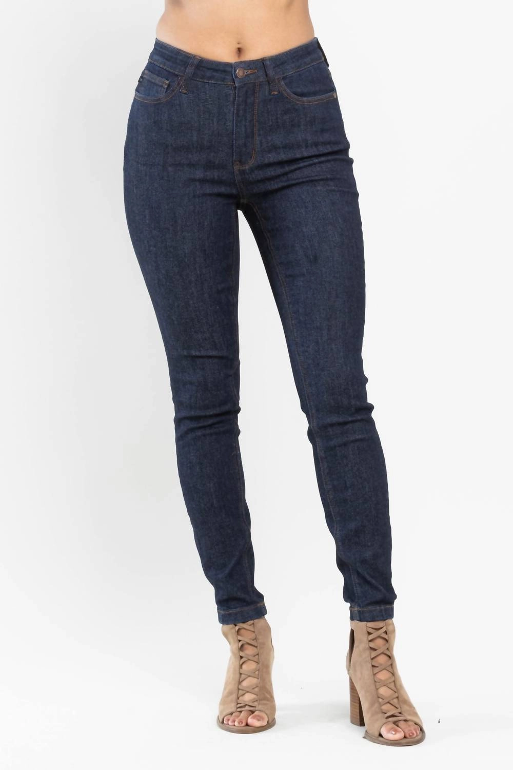 High Waist Pocket Embroidery Skinny Denim Jeans In Classic Back