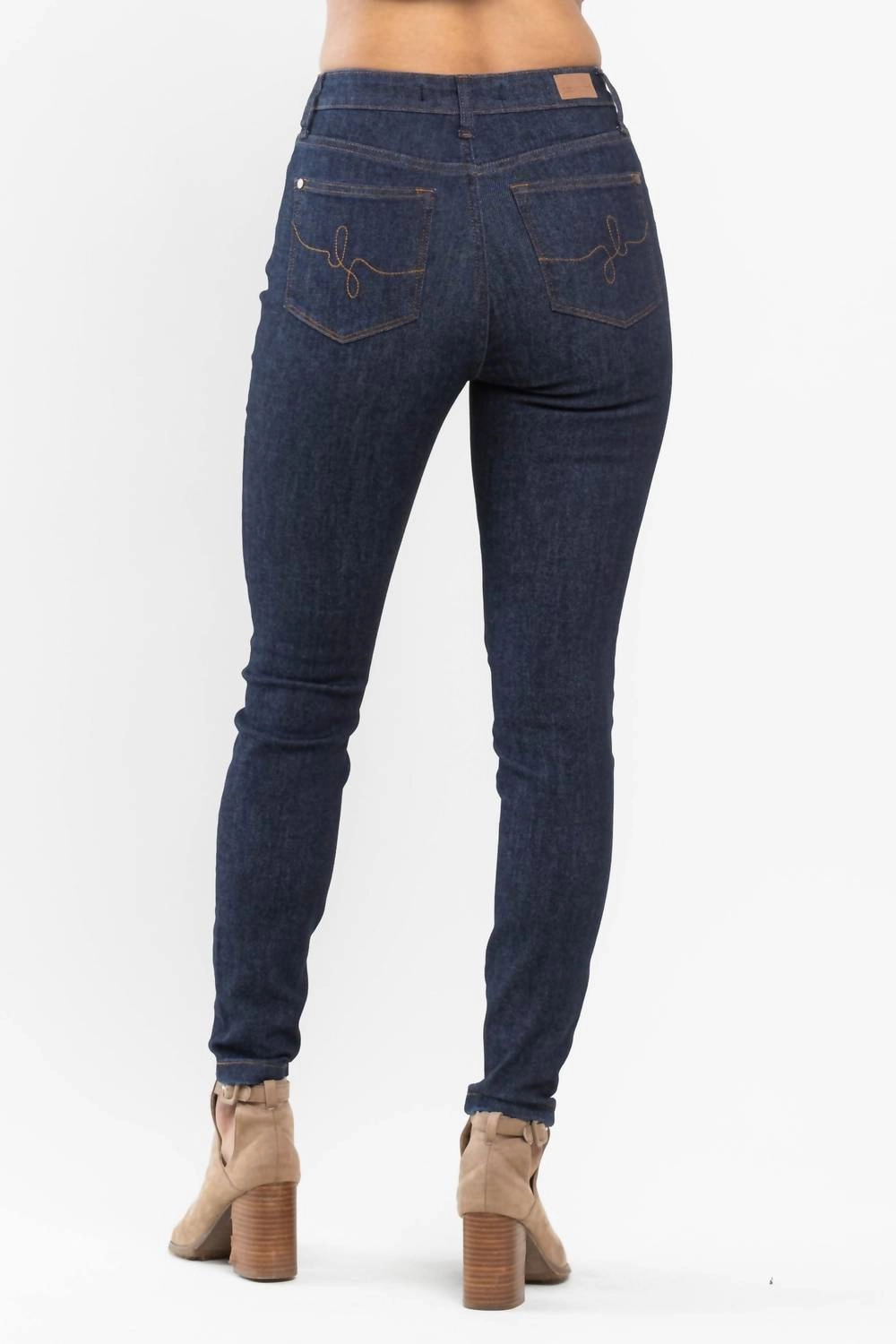 High Waist Pocket Embroidery Skinny Denim Jeans In Classic Back