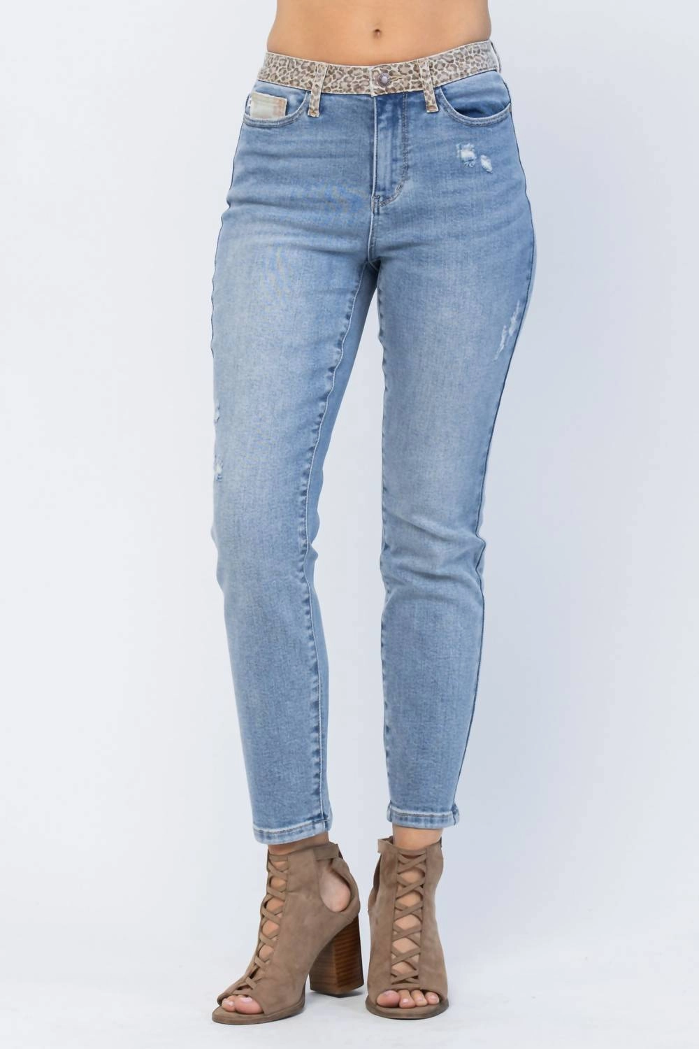 High Waist Slim Fit Jeans In Light Wash/cheetah Camo
