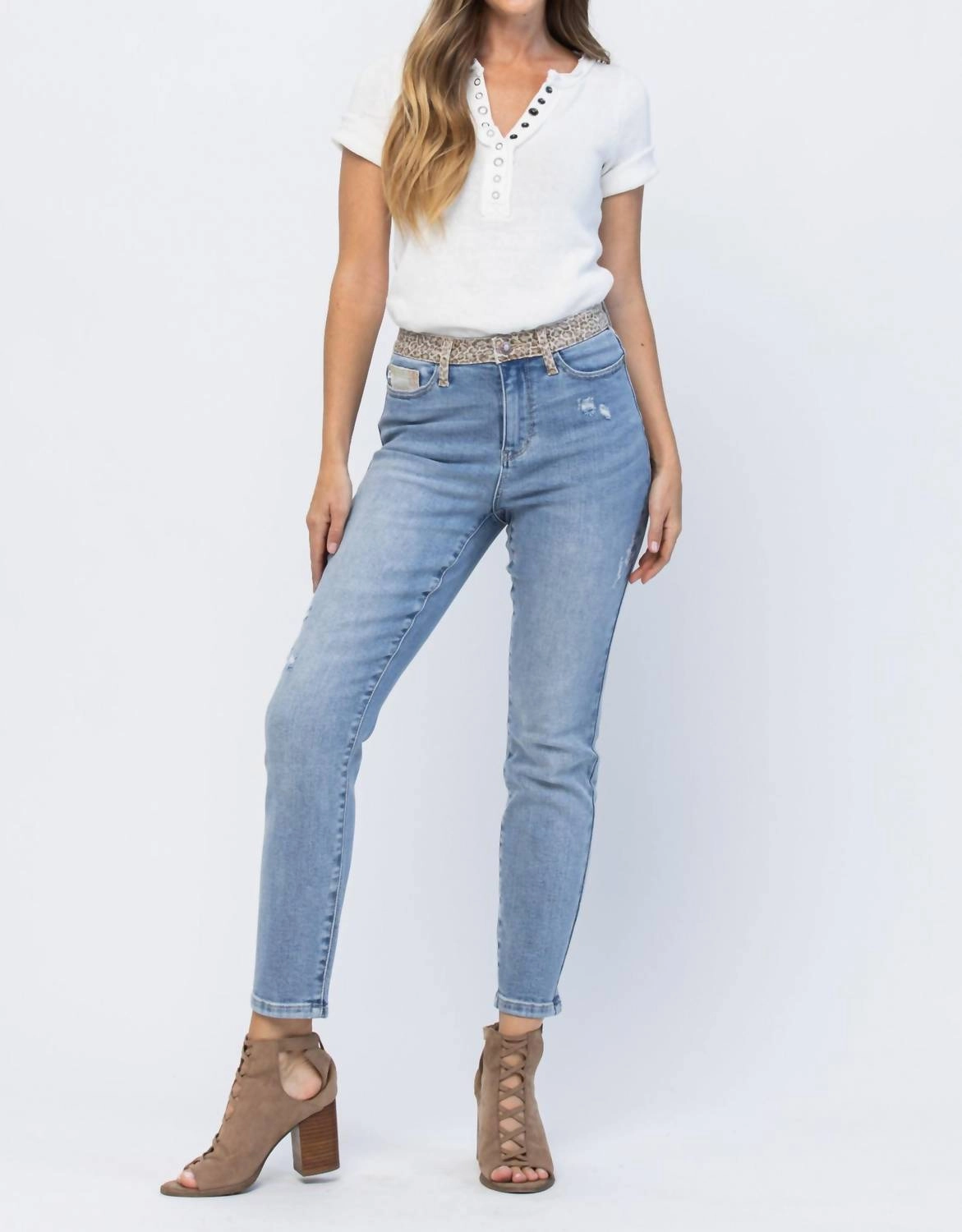 High Waist Slim Fit Jeans In Light Wash/cheetah Camo