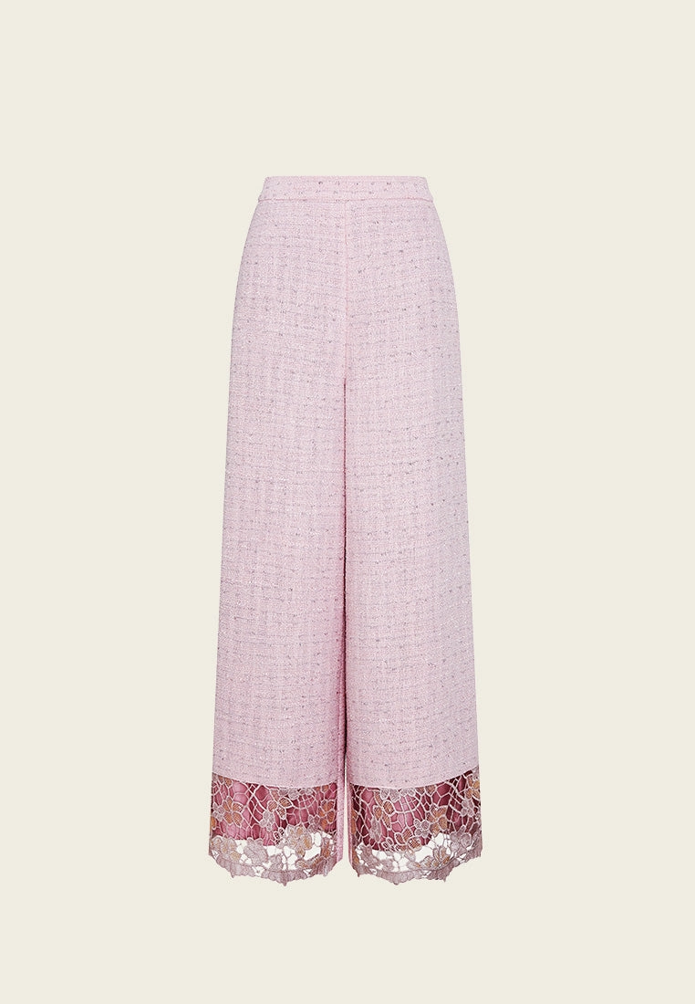 Hollow-carved Lace Trim Straight-leg Tweed Trousers