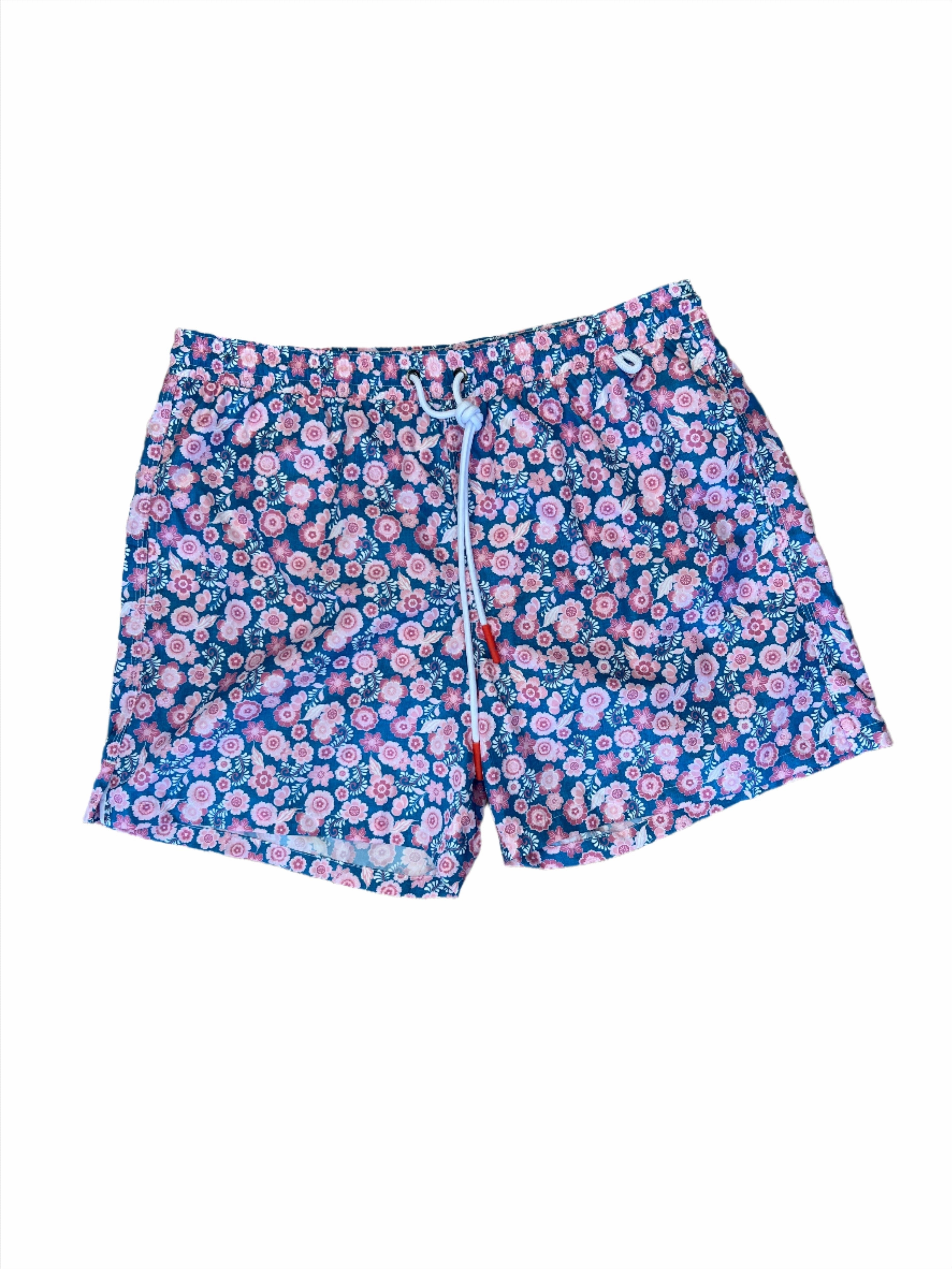 Isaia Mens Blue Pink Floral Patterned Swim Trunk