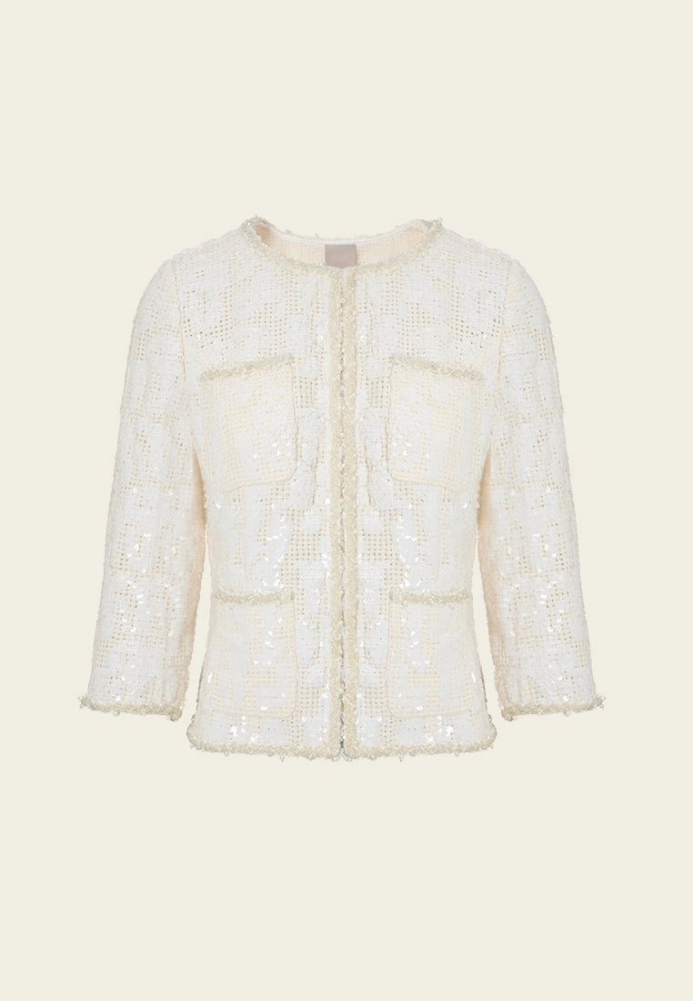 Jacquard Sequinned Bead-and-pearl Trim Pocket Jacket