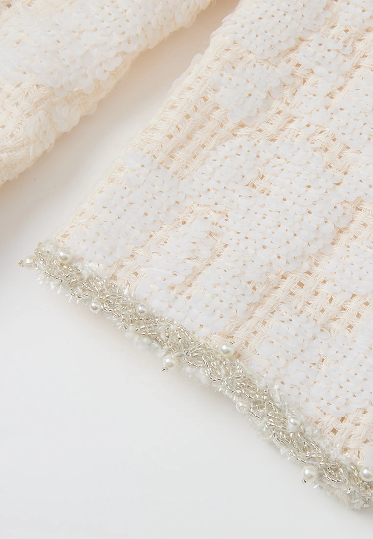 Jacquard Sequinned Bead-and-pearl Trim Pocket Jacket