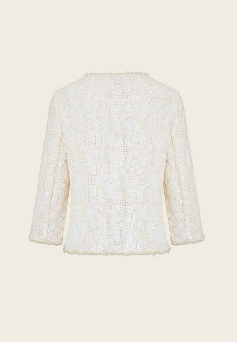 Jacquard Sequinned Bead-and-pearl Trim Pocket Jacket