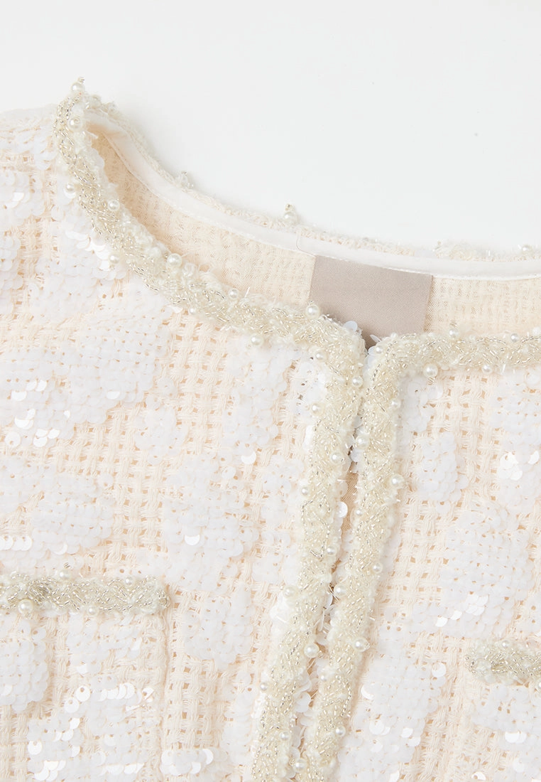 Jacquard Sequinned Bead-and-pearl Trim Pocket Jacket