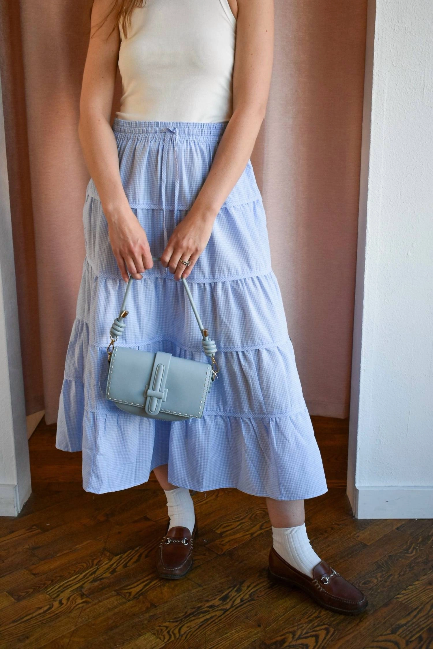 Jen Gingham Tiered Midi Skirt In Blue