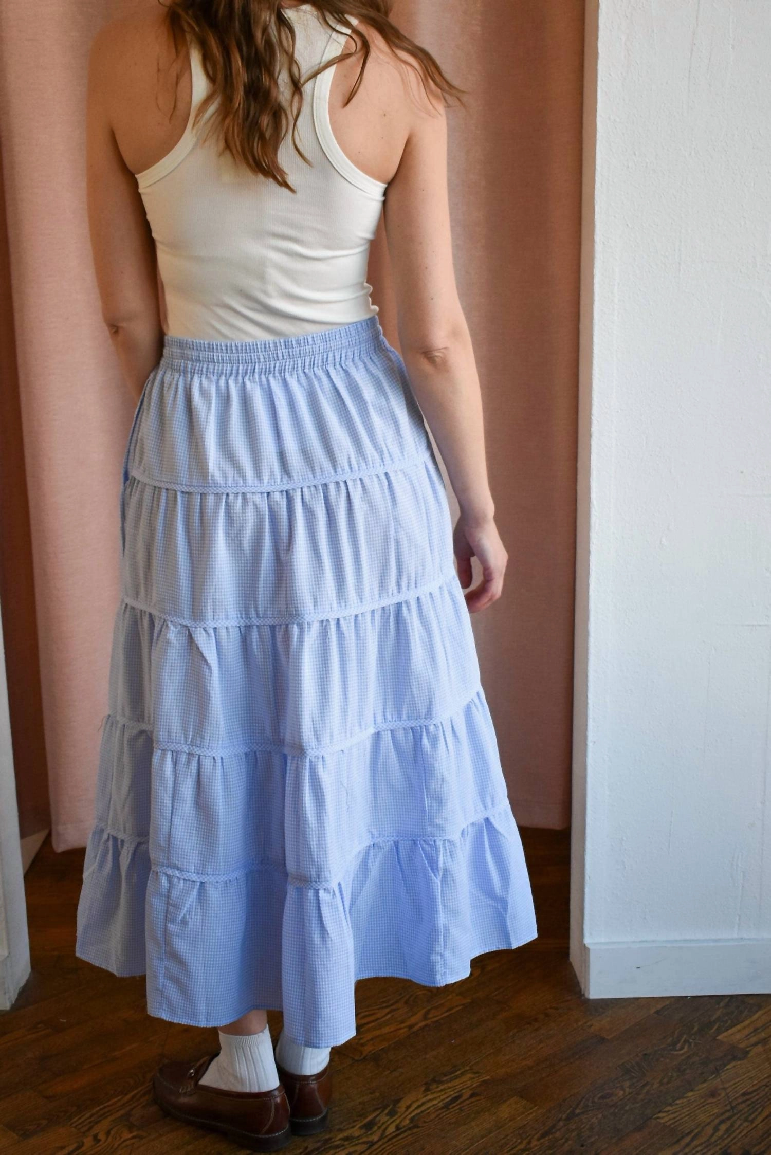 Jen Gingham Tiered Midi Skirt In Blue