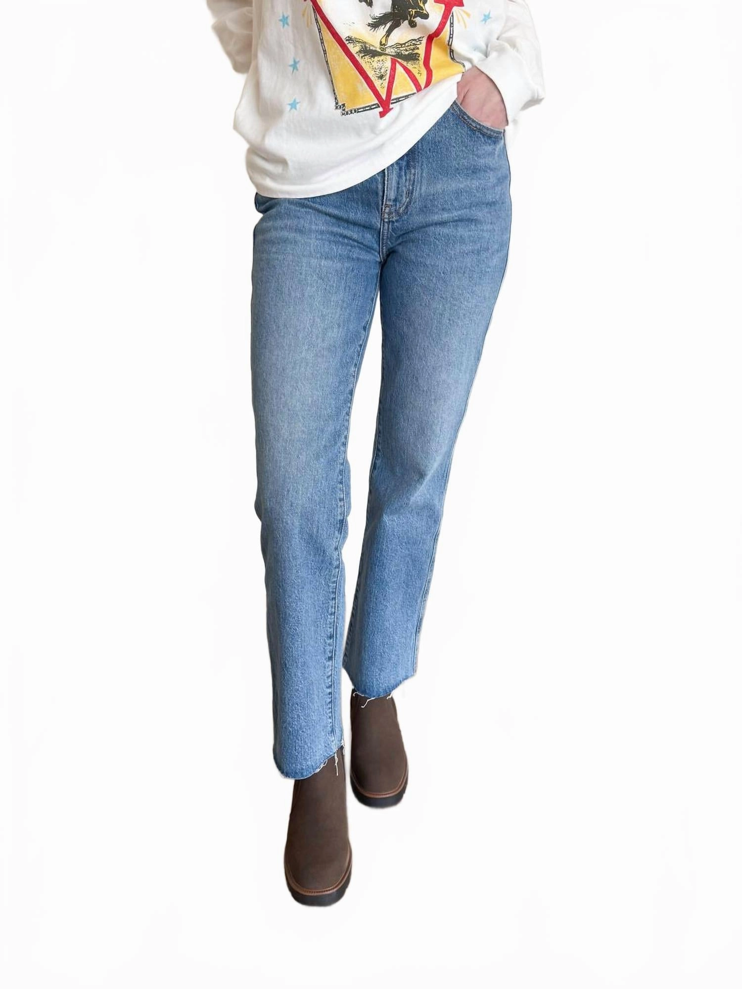 Kea Dark Raw Hem Crop Bell Jeans In Medium Dark Wash