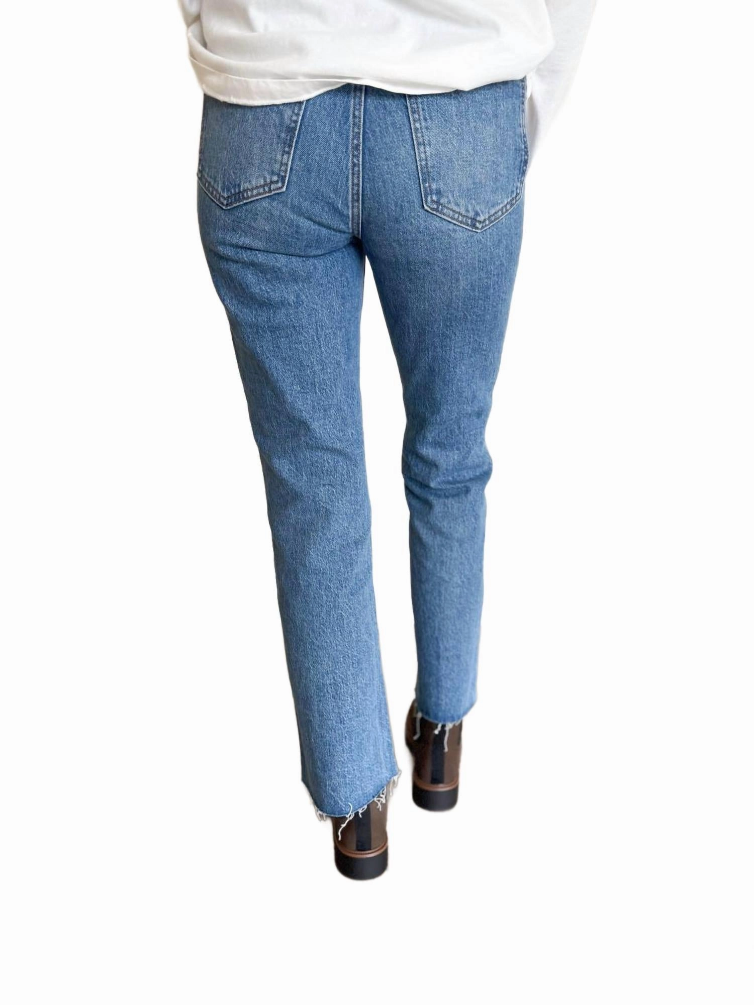 Kea Dark Raw Hem Crop Bell Jeans In Medium Dark Wash