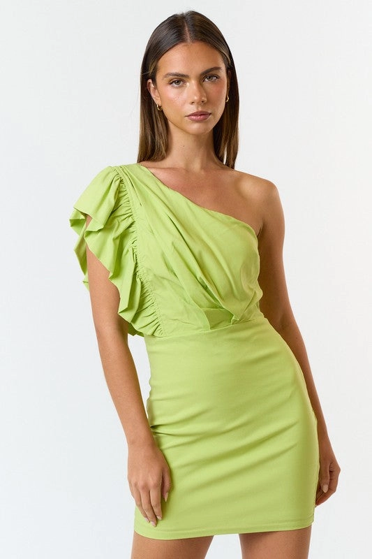 Key Lime One Shoulder Ruffle Bodycon Mini Dress