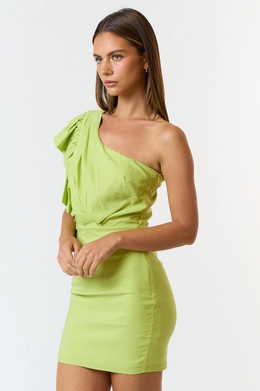 Key Lime One Shoulder Ruffle Bodycon Mini Dress