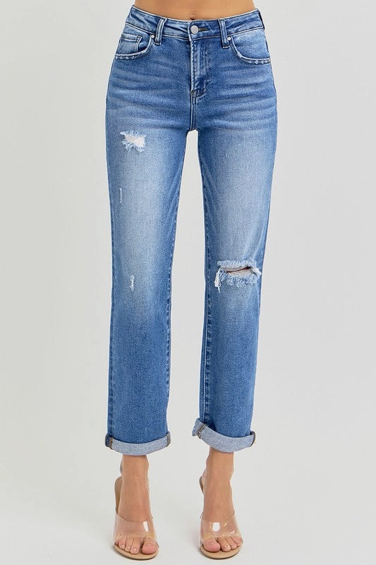 Kyra Dark Denim High Rise Girlfriend Roll Up Jeans