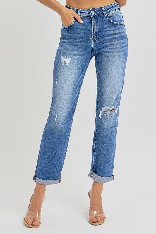 Kyra Dark Denim High Rise Girlfriend Roll Up Jeans