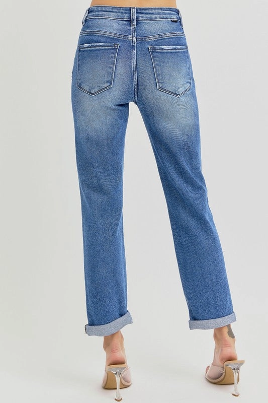 Kyra Dark Denim High Rise Girlfriend Roll Up Jeans