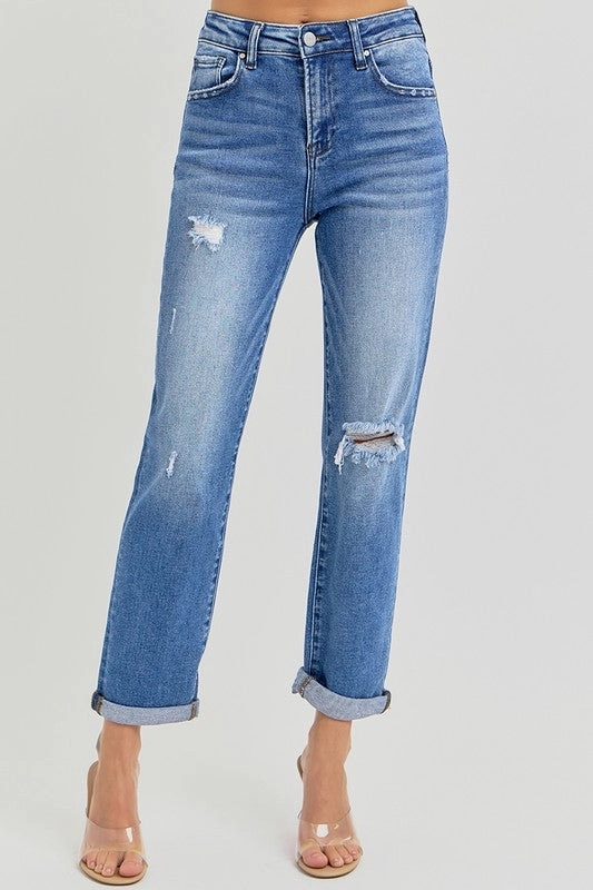 Kyra Dark Denim High Rise Girlfriend Roll Up Jeans