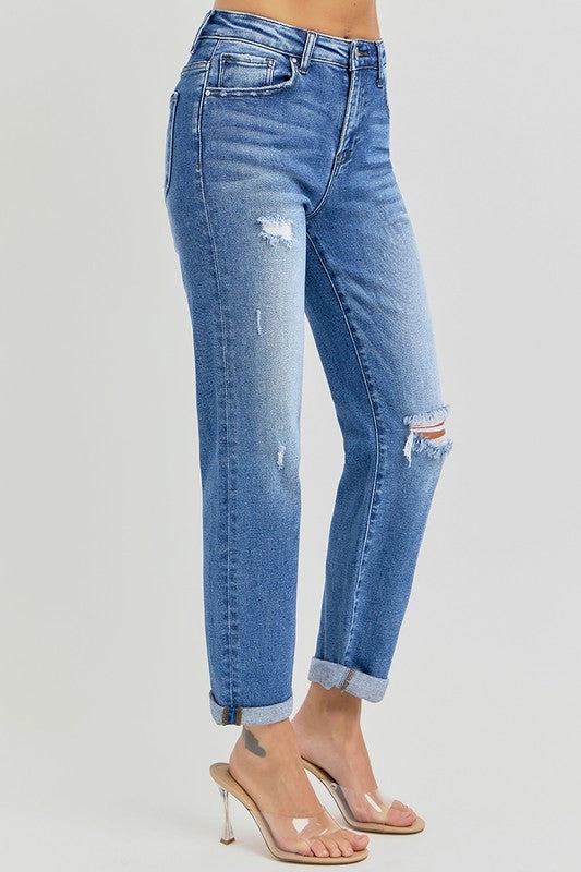 Kyra Dark Denim High Rise Girlfriend Roll Up Jeans